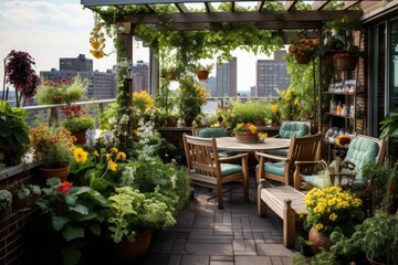 Fototapeta na wymiar Vibrant Patio Overflowing With Lush Plants and Blooming Flowers, A small urban rooftop garden with a variety of plants and flowers, AI Generated