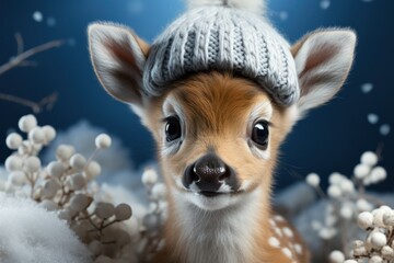  a small deer with a knitted hat on it's head sitting in a pile of white flowers and snow on a dark blue background with snowflakes.