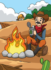 Cowboy Campfire Colored Cartoon Illustration