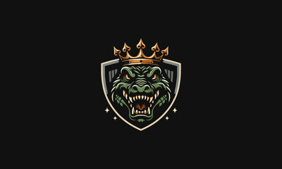head crocodile wearing crown with shield vector logo design