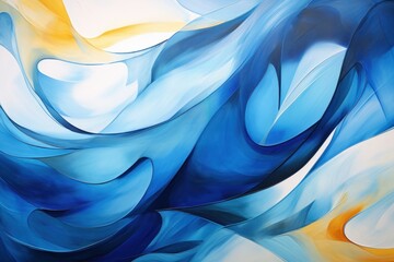 a painting of blue, yellow and white swirls on a white and blue background, with a yellow center in the middle of the painting and bottom half of the image.