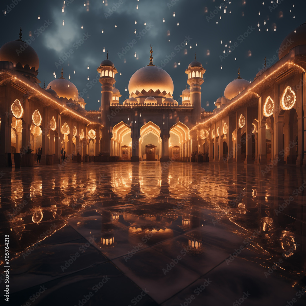 Poster design an ultra-realistic depiction of a mosque's courtyard illuminated by the soft glow of lanterns