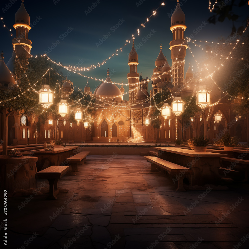 Poster design an ultra-realistic depiction of a mosque's courtyard illuminated by the soft glow of lanterns