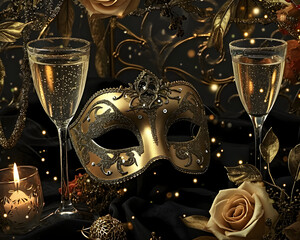 Gold Masquerade party carnival mask with champagne glasses 