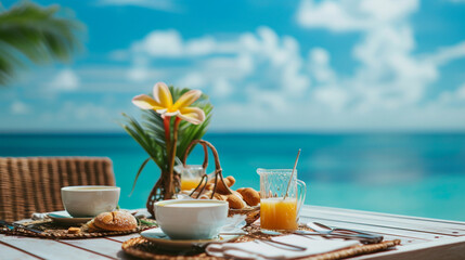 豪華な朝食のテーブルの美しい熱帯の海空の背景GenerativeAI - obrazy, fototapety, plakaty