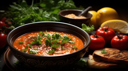 a close up of a bowl of soup on a table with bread, tomatoes, lemons, parsley, and lemon wedges on the side of bread.