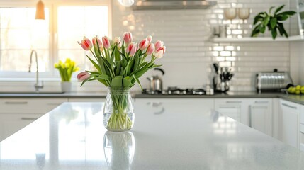 Bright Kitchen with Fresh Tulips on Countertop