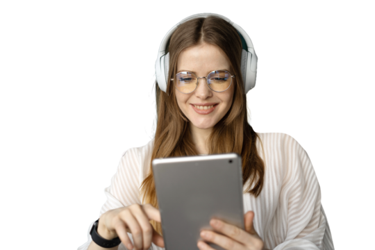 A freelancer woman listens to a podcast, radio, music with headphones, uses a subscription application and is happy. Transparent background.