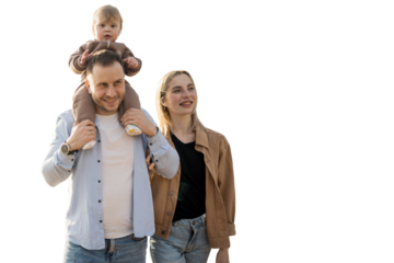 A young family, a woman and a man, happy positive parents and a child, in stylish clothes together. Transparent background.