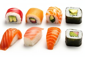  a variety of sushi on a white background, including salmon, avocado, cucumber, and avocado on top of the sushi.