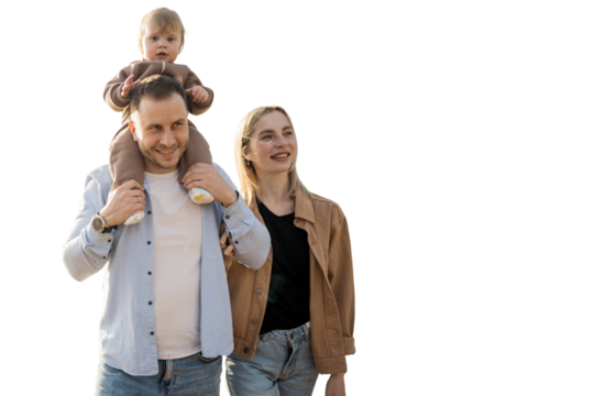 A young family, a woman and a man, happy positive parents and a child, in stylish clothes together. Transparent background. - Powered by Adobe