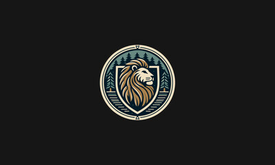 head lion on forest and shield vector logo design