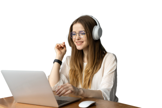 A female freelance marketer with headphones online work uses a laptop computer, sits at a desk in the office. Transparent background. - Powered by Adobe