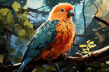  a colorful bird sitting on top of a tree branch next to a leaf filled forest filled with lots of green and yellow leaves and a blue and orange bird sitting on a branch.