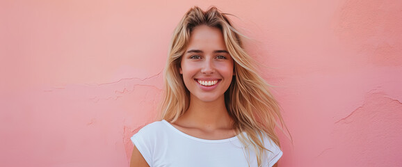 mujer joven rubia sonriente posando con el pelo suelto, sobre fondo rosa
