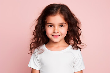 niña española de 6 años,  morena de pelo largo rizado vistiendo camiseta blanca sobre fondo rosa