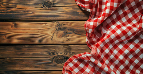 Top view of red checkered tablecloth on blank empty wooden table background, food concept