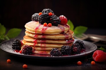  a stack of pancakes with raspberries and syrup on a black plate next to a fork and a green leafy garnish on the top of the plate.