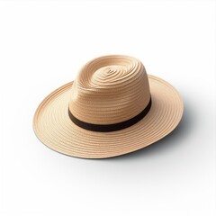 Straw fedora hat isolated. Summer hat with ribbon.