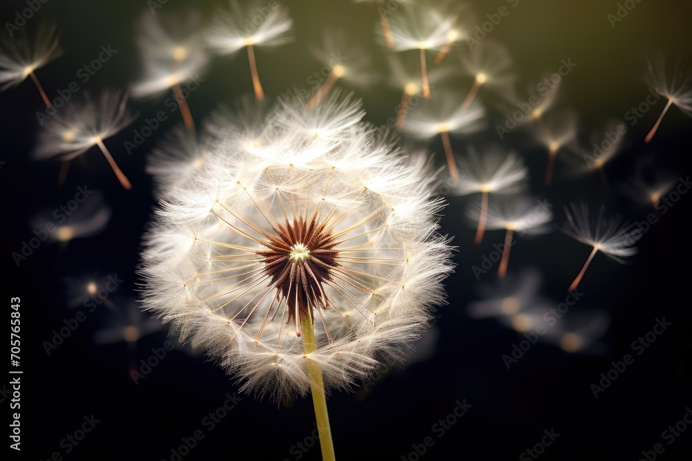 Poster  a close up of a dandelion on a black background with a blurry image of the dandelion in the foreground and the dandelion in the foreground.