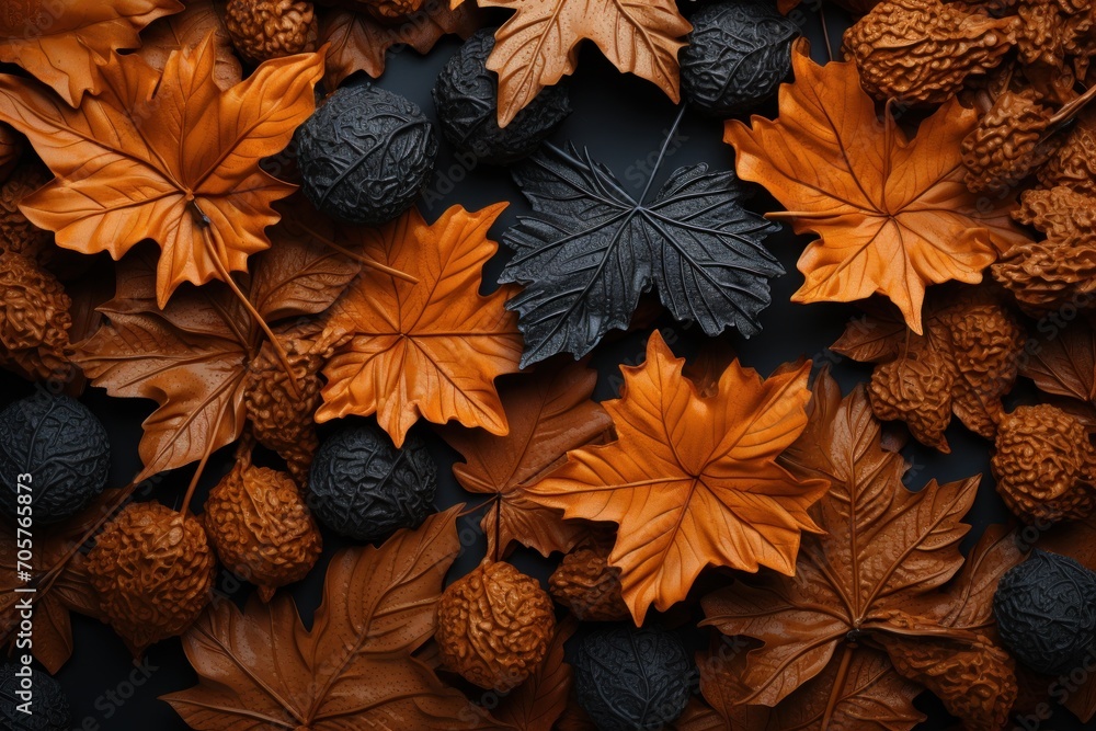 Poster a group of autumn leaves and acorns on a black background with a space for the word autumn written o