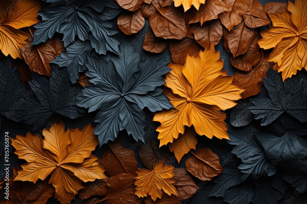 Poster a close up of a bunch of leaves on a black background with orange and brown leaves on the bottom of 