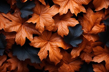  a close up of a bunch of orange and black leaves on a wall of orange and black leaves on a wall of orange and black leaves on a black background.