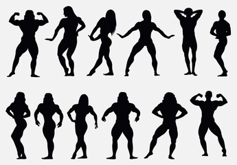 Bodybuilder fitness and gym silhouettes set, large pack of vector silhouette design, isolated white background