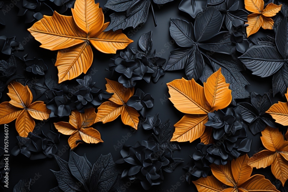 Poster a close up of a bunch of leaves on a black background with orange and black leaves on the bottom of 