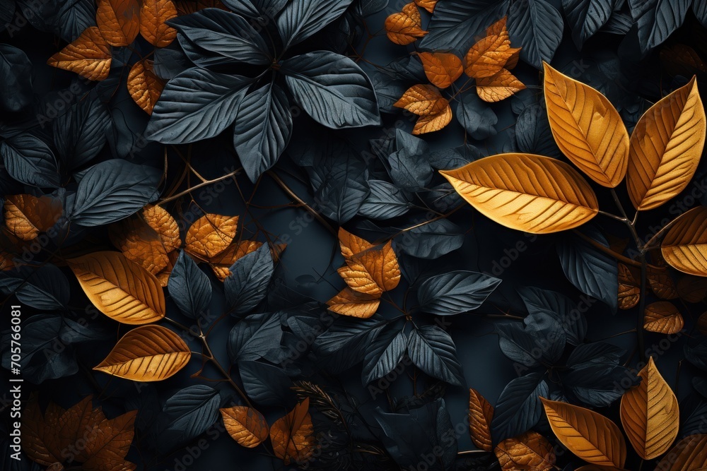 Poster a bunch of leaves that are next to each other on a black background with a gold leaf on the left sid