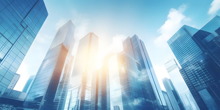 business and financial skyscraper buildings concept.Low angle view and lens flare of skyscrapers modern office building city in business center with blue sky.