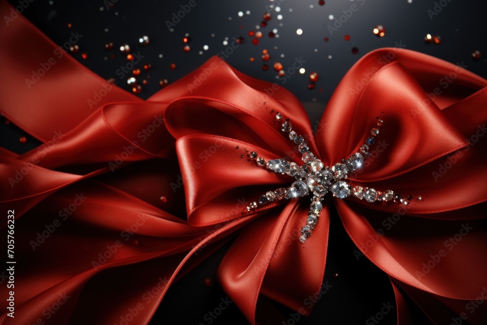 Poster a close up of a red ribbon with a snowflake in the middle of it and some confetti on the side of the