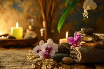 Cozy decorative composition of burning candles and flowers, spa theme.