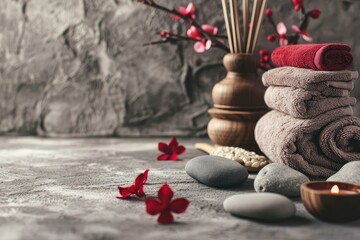 Close up view of spa theme objects on grey background.