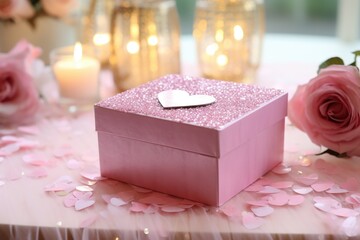 A vibrant pink box sits atop a wooden table, providing a striking visual contrast., A sparkling pink sequin Valentine's Day gift box, AI Generated