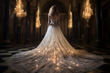 A woman dressed in a wedding gown gracefully stands amidst the glowing chandeliers in a room., A sparkling white wedding dress with long lace train, AI Generated