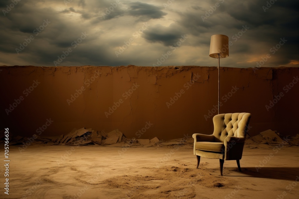 Poster a chair sitting in the middle of a desert with a lamp on it's head and a lamp shade on it's arm in t