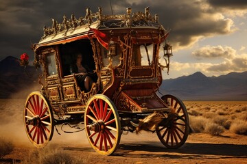 Fototapeta na wymiar A horse drawn carriage makes its way through the vast desert, showcasing traditional transportation in an arid landscape., A stage coach hurtling along the wild west, AI Generated