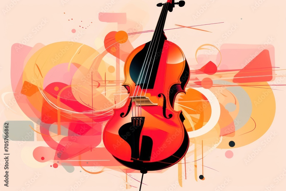 Poster a violin sitting on top of a table next to an orange and pink swirly design on the back of a white s