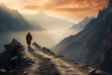 A solitary figure stands on a mountain peak, captivated by the stunning vista of surrounding mountain ranges., A solitary monk walking a mountain path in the Himalayas, AI Generated