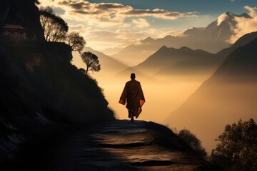 A person hikes up a hill, enjoying the breathtaking view of majestic mountains in the distance., A solitary monk walking a mountain path in the Himalayas, AI Generated - obrazy, fototapety, plakaty