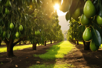 Plantation with avocado trees and white fruits in sunny background