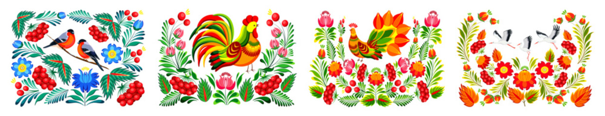 Set of different seasons of the Ukrainian Petrykivsky painting: winter, spring, summer, autumn isolated on a white background. Vector illustration of birds, flowers, leaves, viburnum in cartoon style.