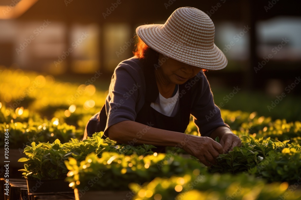 Poster a woman in a straw hat is picking lettuce in a field of lettuce growing in rows of rows of lettuce i