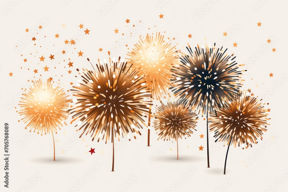 Poster a group of fireworks on a white background with stars in the sky and a red star in the middle of the