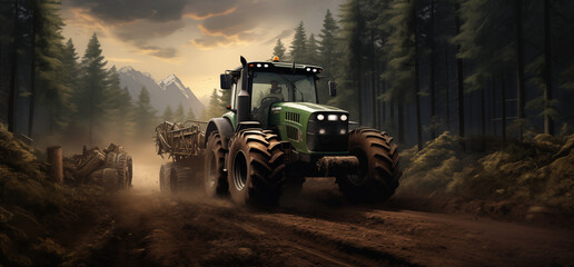 Fototapeta premium Traktor im Wald, Forstwirtschaft mit schweren Traktoren im Wald, Holzwirtschaft