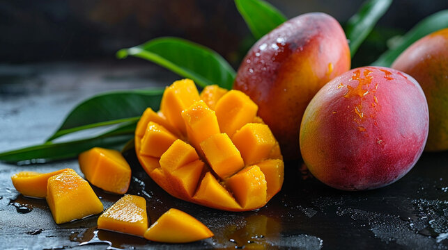 Fresh delicious sweet mangoes on a wooden background