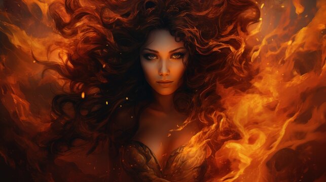  a woman with long hair standing in front of a bunch of fire with her hair blowing in the wind in front of a black background with orange and red flames.
