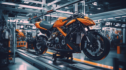 Component Installation and Quality Control of body motorcycle assembly. Fully Automated motorcycle Line Equipped with High Precision Robot Arms at motorcycle Factory.