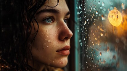 Pensive Young Girl Observing Raindrops on Window Pane